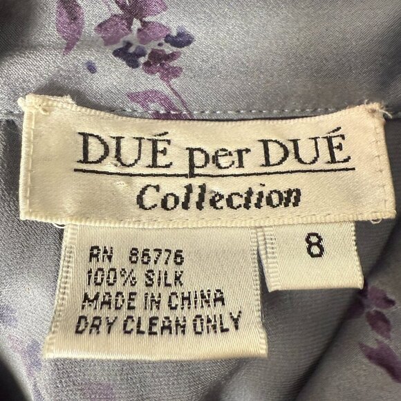 Due per Due Collection Vintage 100% Silk Blouse Size 8 Blue Gray with Purple - Picture 2 of 9